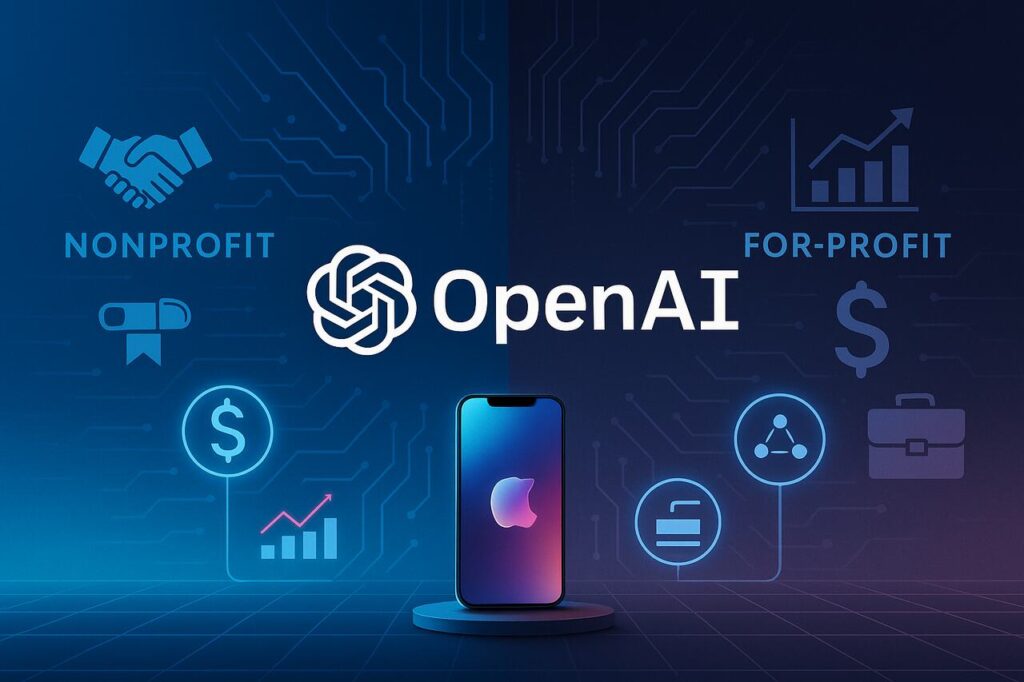 OpenAI Finalizes For-Profit Recapitalization Amid Strategic Shift in AI Governance and Investment OpenAI logo between nonprofit and for-profit icons showing recapitalization shift.
