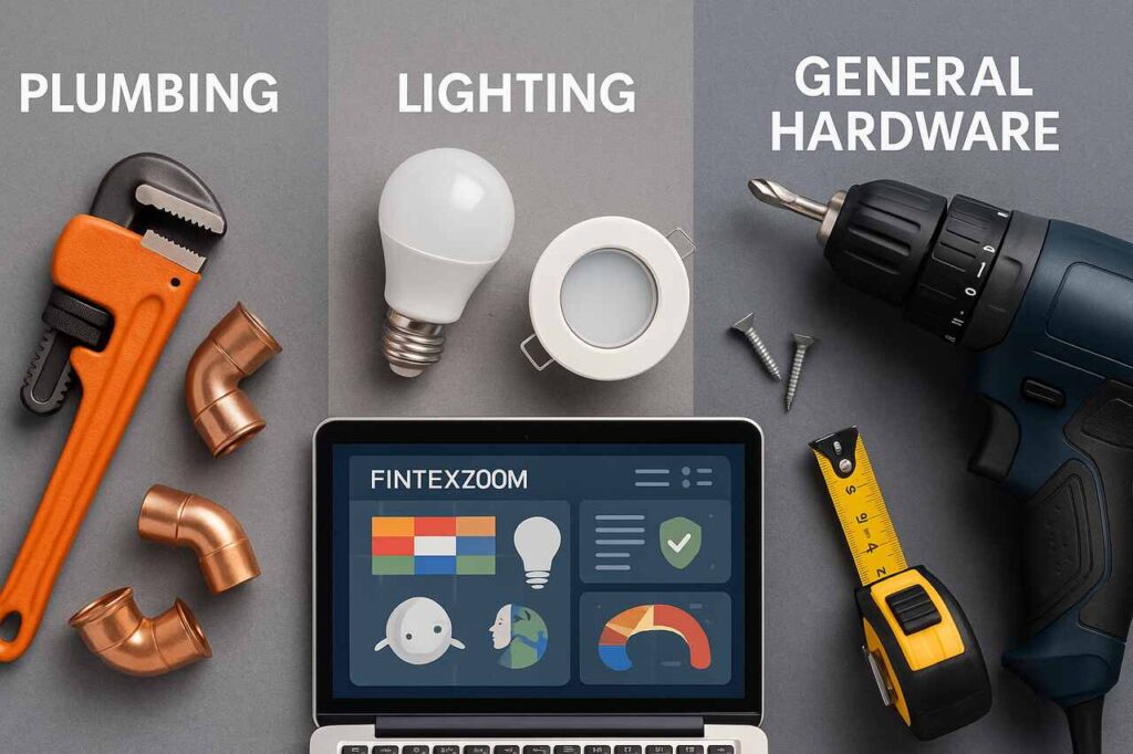 Organized workspace with plumbing, lighting, and general hardware tools.