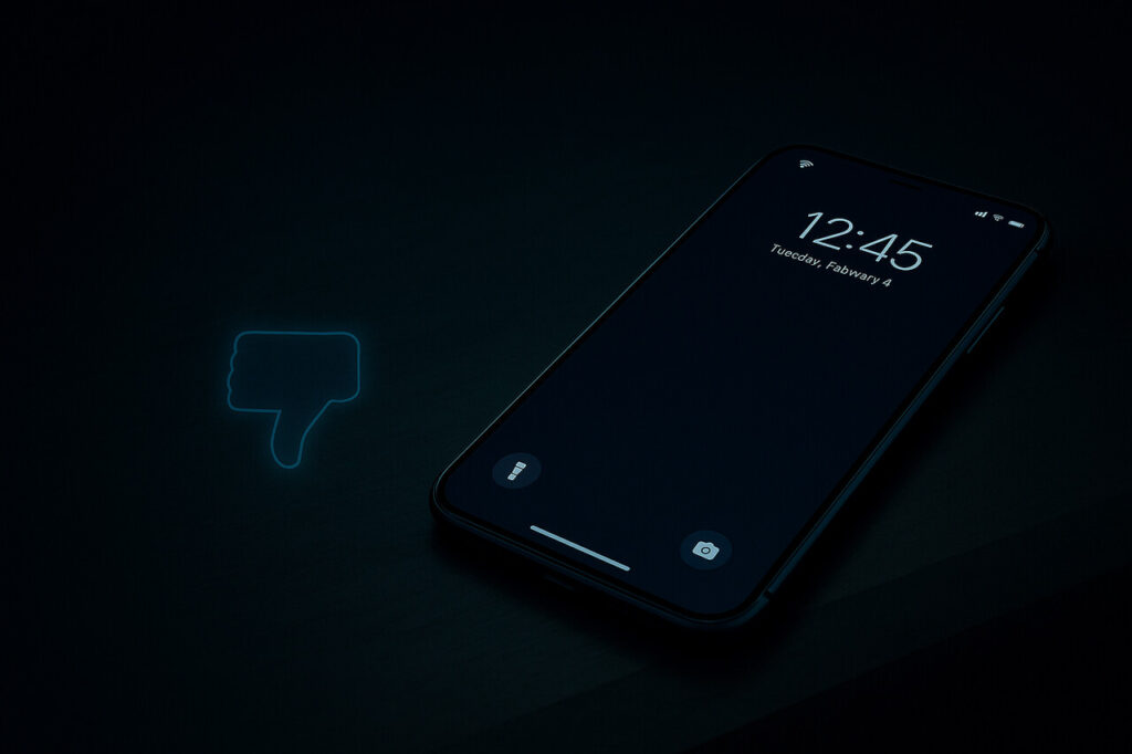 Dimly lit iPhone Air with low user activity and thumbs-down icon.