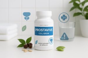 Prostavive Colibrim supplement bottle with prostate health symbols.