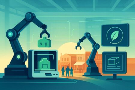 Smart factory with robotic arms creating molds and eco-friendly monitors.