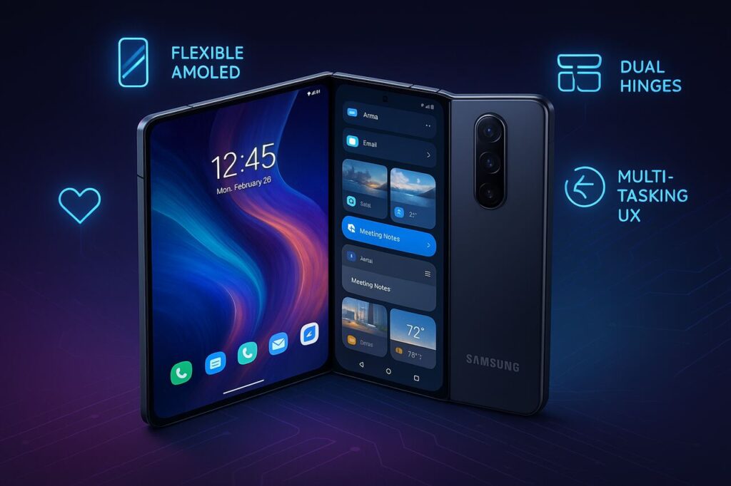 Samsung Galaxy Tri-Fold Display Phone Unveiled: Flexible AMOLED, Dual Hinges, and Multi-Tasking UX Revealed Samsung Tri-Fold phone unfolded with AMOLED display and multitasking interface.