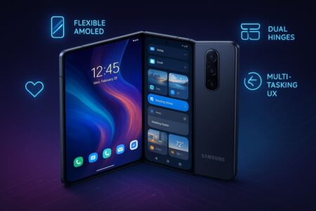 Samsung Tri-Fold phone unfolded with AMOLED display and multitasking interface.