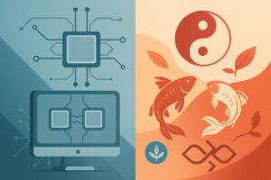 Split image showing tech symmetry and symbolic duality with koi and yin-yang.