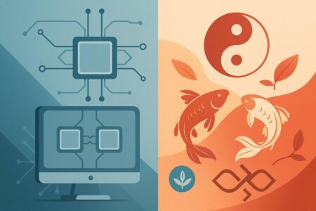 Split image showing tech symmetry and symbolic duality with koi and yin-yang.