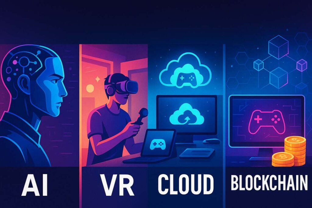Four gaming tech concepts AI, VR, Cloud, and Blockchain visually compared in a futuristic gaming scene.