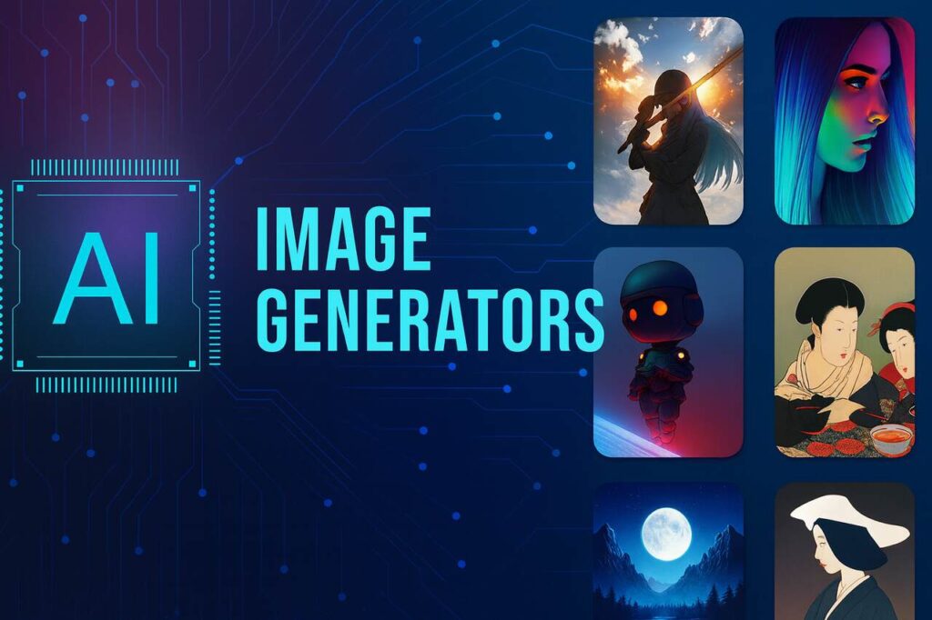 Top 5 AI Image Generators for Stunning and Easy Visuals Futuristic layout showcasing various AI-generated images and digital AI chip.