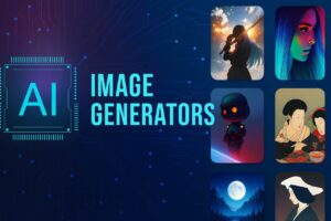 Futuristic layout showcasing various AI-generated images and digital AI chip.