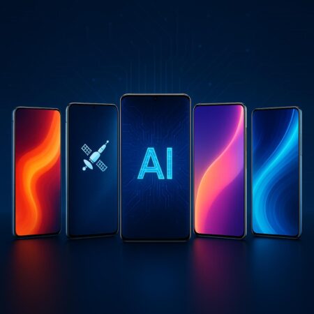 Five futuristic smartphones highlighting AI, satellite, and advanced display tech.