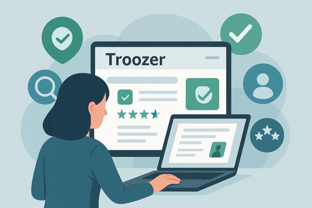 Woman reviewing Troozer.com on a laptop with security and trust icons.