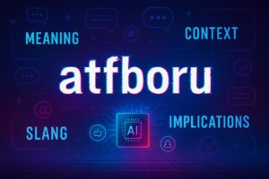 Glitchy digital artwork featuring the term “atfboru” surrounded by internet icons and chat symbols.