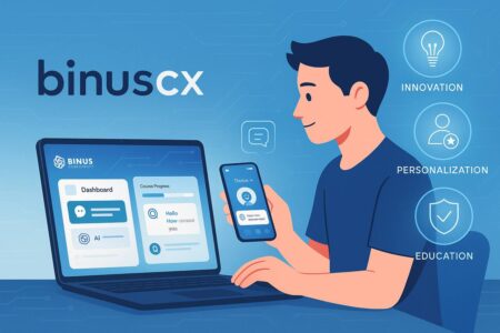 Student using binuscx platform with dashboards for CX innovation and education.