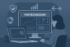 User viewing FintechZoom on screens with trust and financial data icons.