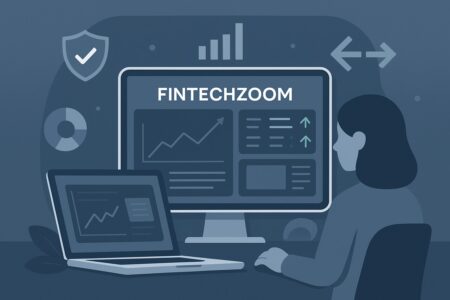User viewing FintechZoom on screens with trust and financial data icons.
