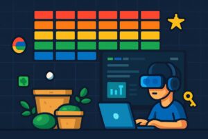 Google Block Breaker game with paddle, ball, and colorful bricks.