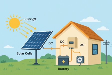 Solar panel system diagram with labeled components and sunlight conversion process.