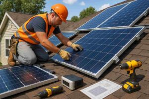Homeowner installing solar panels on a rooftop with tools and clear sky.