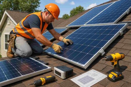 Homeowner installing solar panels on a rooftop with tools and clear sky.