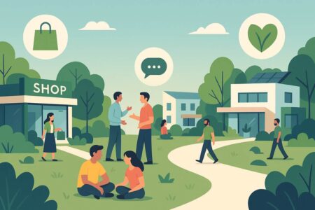 Futuristic eco-community blending shopping, wellness, and connection.