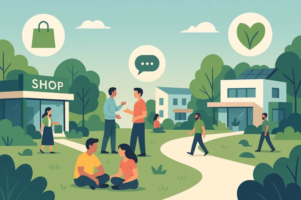 Futuristic eco-community blending shopping, wellness, and connection.