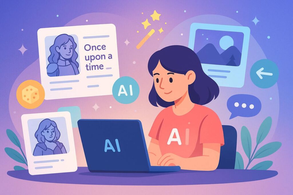 Creative digital workspace with AI-generated characters, stories, and images.