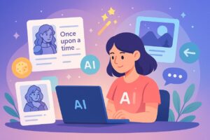 Creative digital workspace with AI-generated characters, stories, and images.