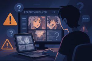 Manga reading site interface with manga panels and safety icons.