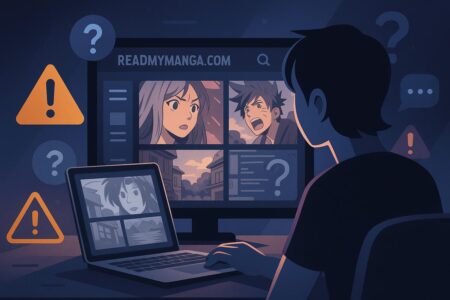 Manga reading site interface with manga panels and safety icons.