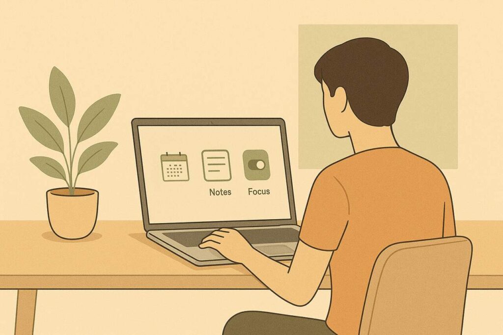 Person at minimalist desk using laptop with focus tools.
