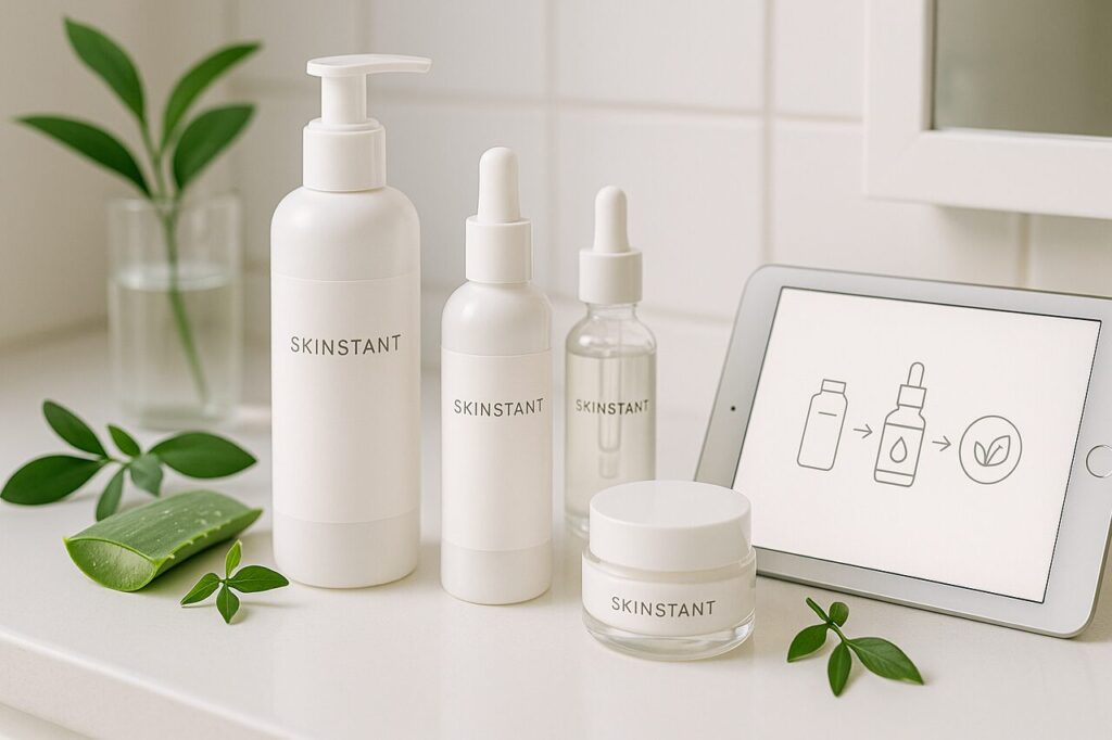 SkinPres T skincare products with natural ingredients on a vanity.