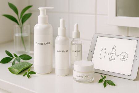 SkinPres T skincare products with natural ingredients on a vanity.