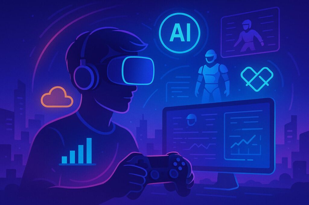 Futuristic VR gamer with AI, cloud, and gaming trend icons.