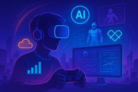 Futuristic VR gamer with AI, cloud, and gaming trend icons.