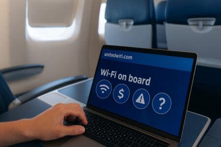 United Airlines Wi-Fi icon with airplane and signal bars on blue background.