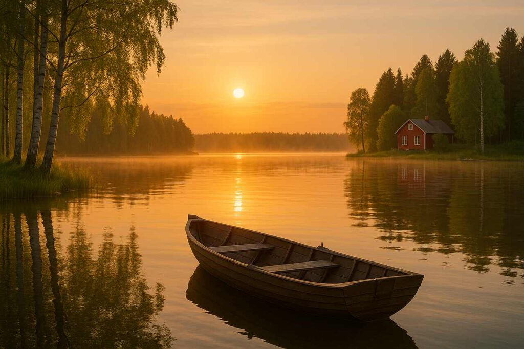Wooden boat on Finnish lake at sunset with cabin and birch trees.