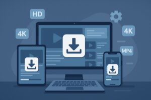 Devices displaying video download interfaces with quality and format icons.