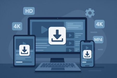 Devices displaying video download interfaces with quality and format icons.