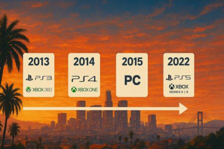 GTA 5 release timeline for PS3, Xbox 360, PS4, Xbox One, and PC.