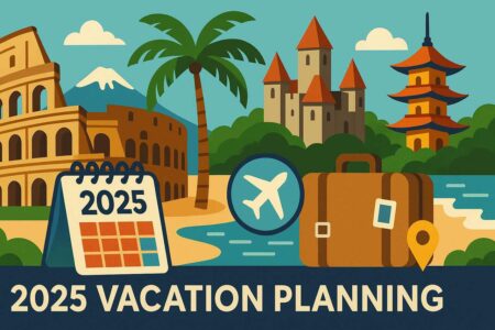2025 vacation planning with destinations, calendar, and travel gear