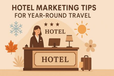 Hotel front desk with seasonal icons for year-round travel marketing