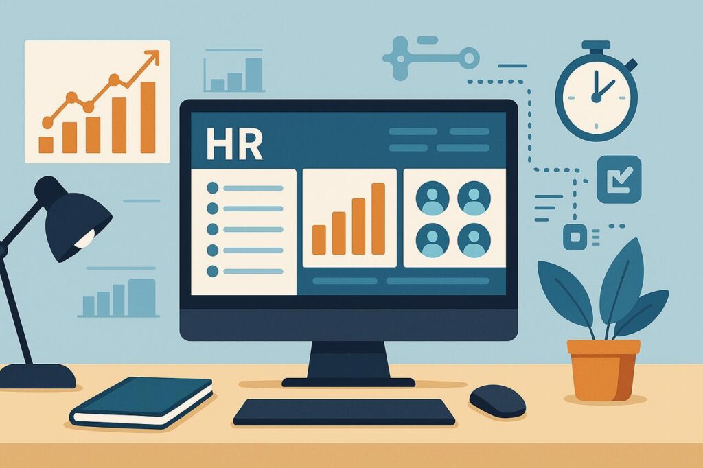 HR software dashboard with productivity tools and team charts