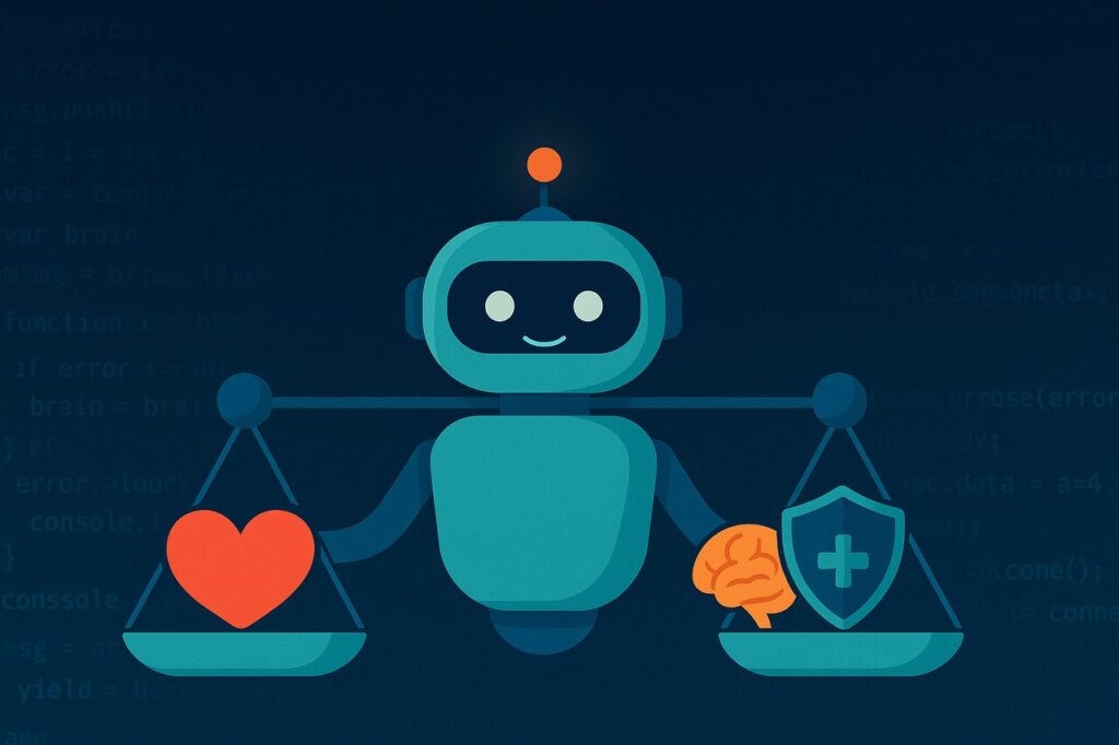 AI Chatbot Benchmark Measures Compliance with Human Wellbeing Safeguards Chatbot balancing human wellbeing icons in AI benchmark test