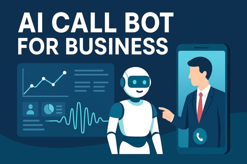 AI Call Bot for Business: How to Choose, Deploy, and Measure Success AI call bot and businessperson with performance dashboard and voice graph.