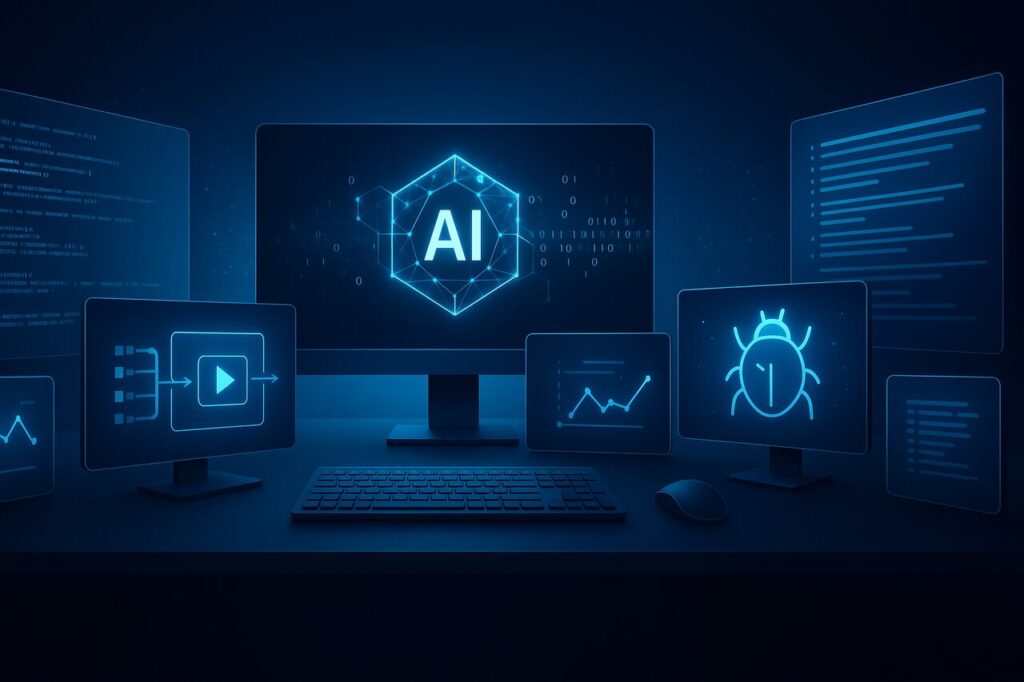AI in Software Testing: Automating Complex Scenarios with ML Insights AI system automating software testing with code and test simulations.