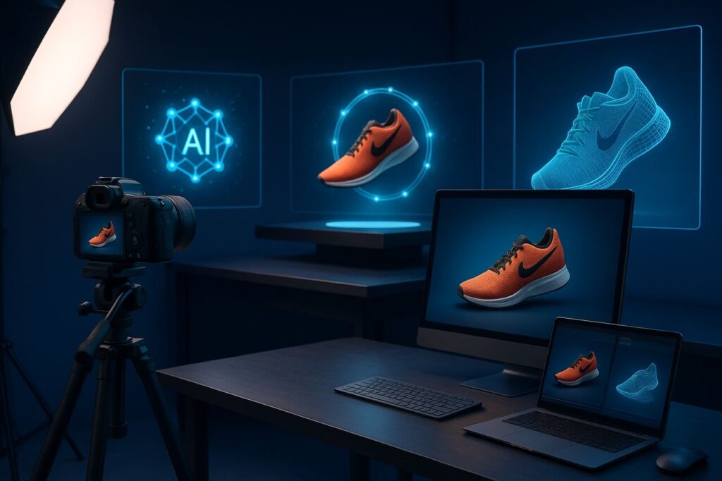 AI product photo shoot setup with camera and digital shoe mockups.