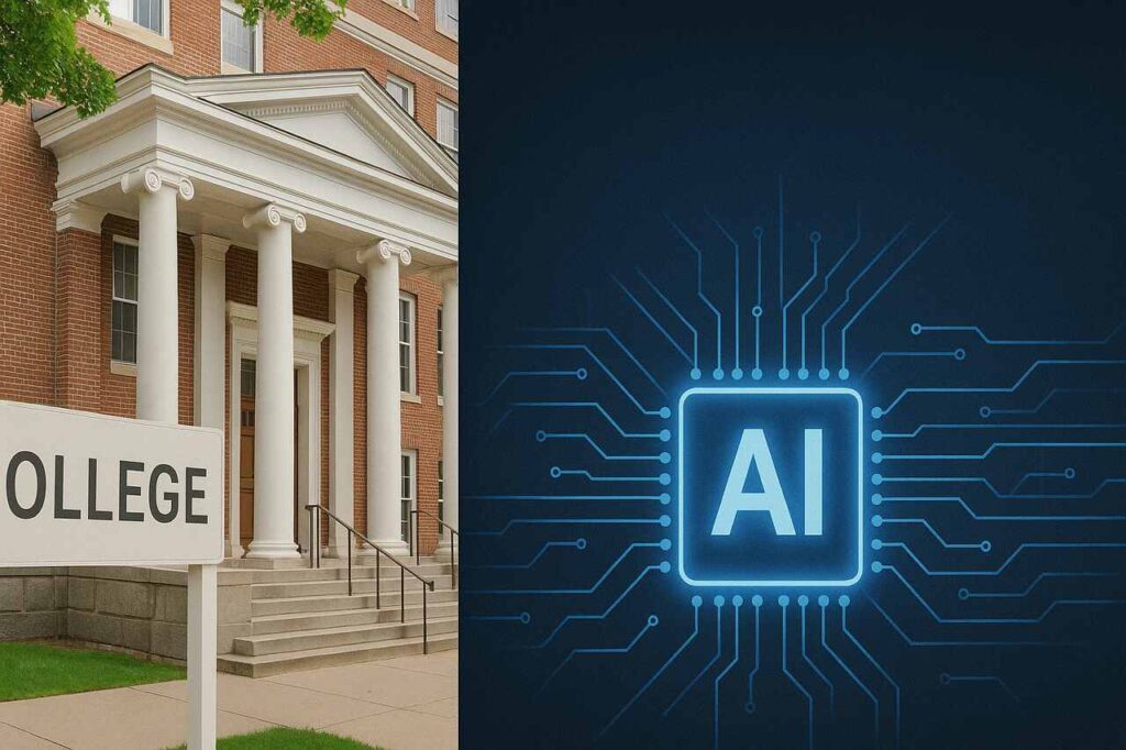 College AI: How Artificial Intelligence Is Transforming Higher Education Today College campus with AI chip symbolizing modern education transformation.