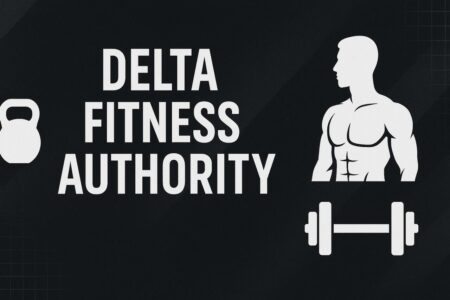 Delta Fitness Authority title with gym-themed icons on a dark grid background.