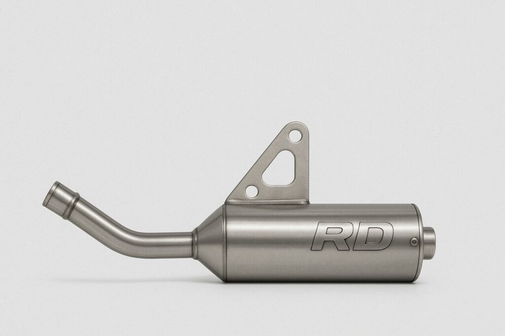 Polished RD exhaust with performance and installation guide title.