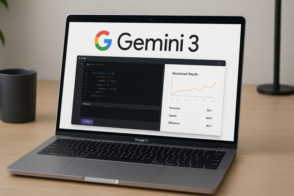 Google Unveils Gemini 3 AI Model with Advanced Code Generation and Benchmark-Leading Multimodal Capabilities Google Gemini 3 interface showing code and benchmark results on laptop