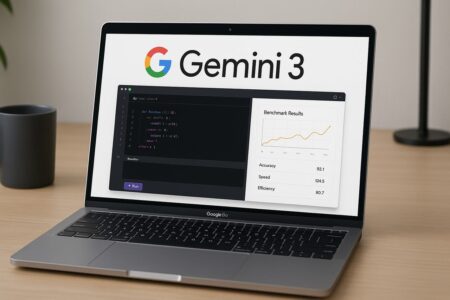Google Gemini 3 interface showing code and benchmark results on laptop